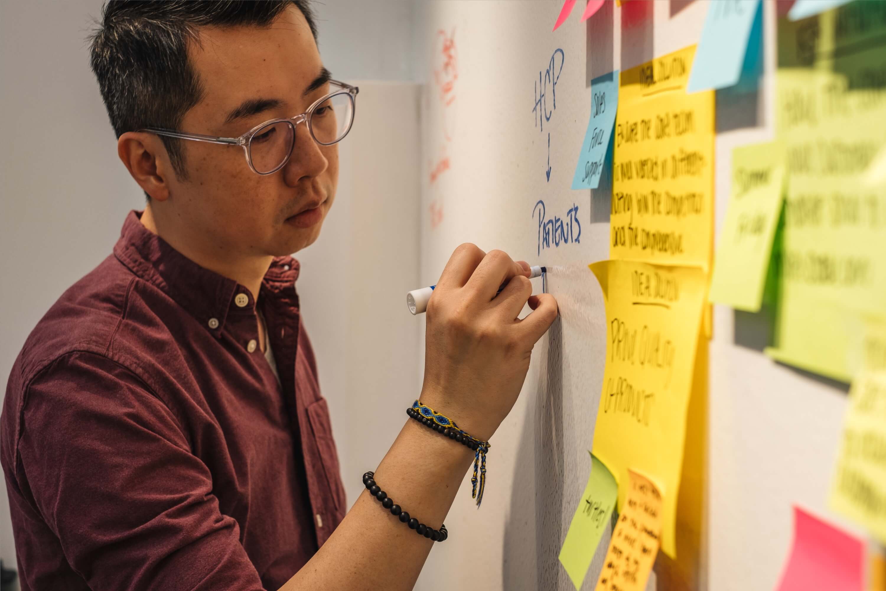 A man writing on a whiteboard